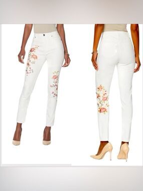 Diane Gilman White Floral Embroidered Jeans Virtual Stretch size 16 curvy NWT